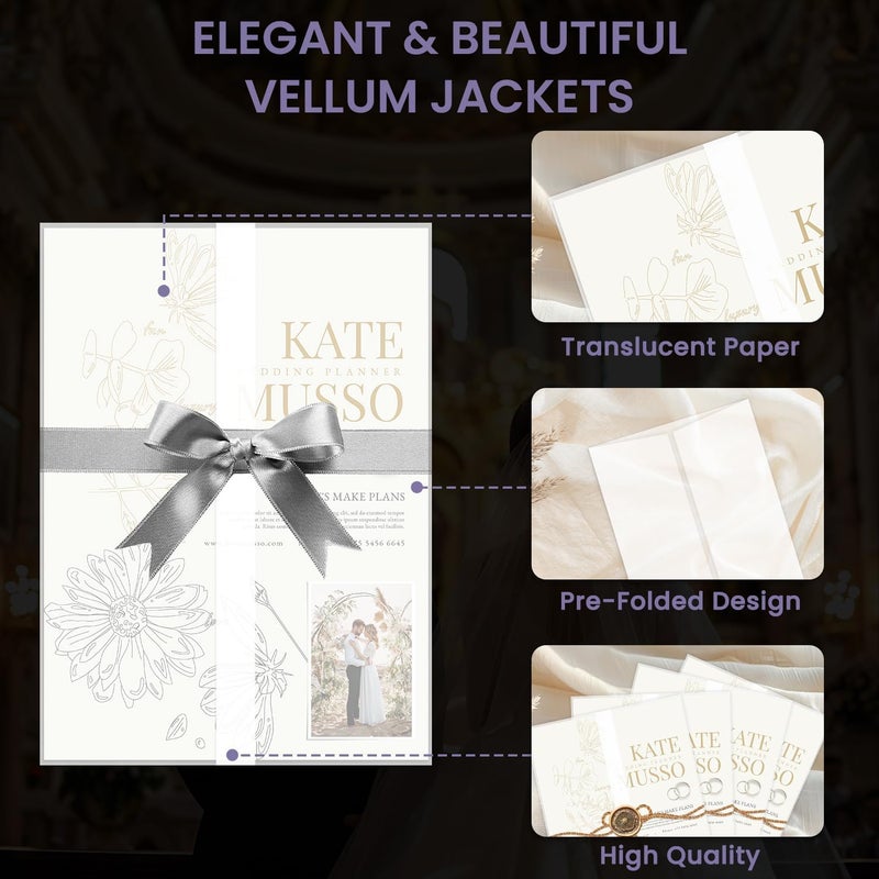 SUNFLY Pre-Folded Vellum Jackets for 5x7 Invitations, 90-Pack (60lb/93gsm) Translucent Vellum Paper 5x7 Sleeves, Invitation Jackets, Elegant Wedding Invitation Accessories, Envelope Liners, DIY Crafts. - Image 3